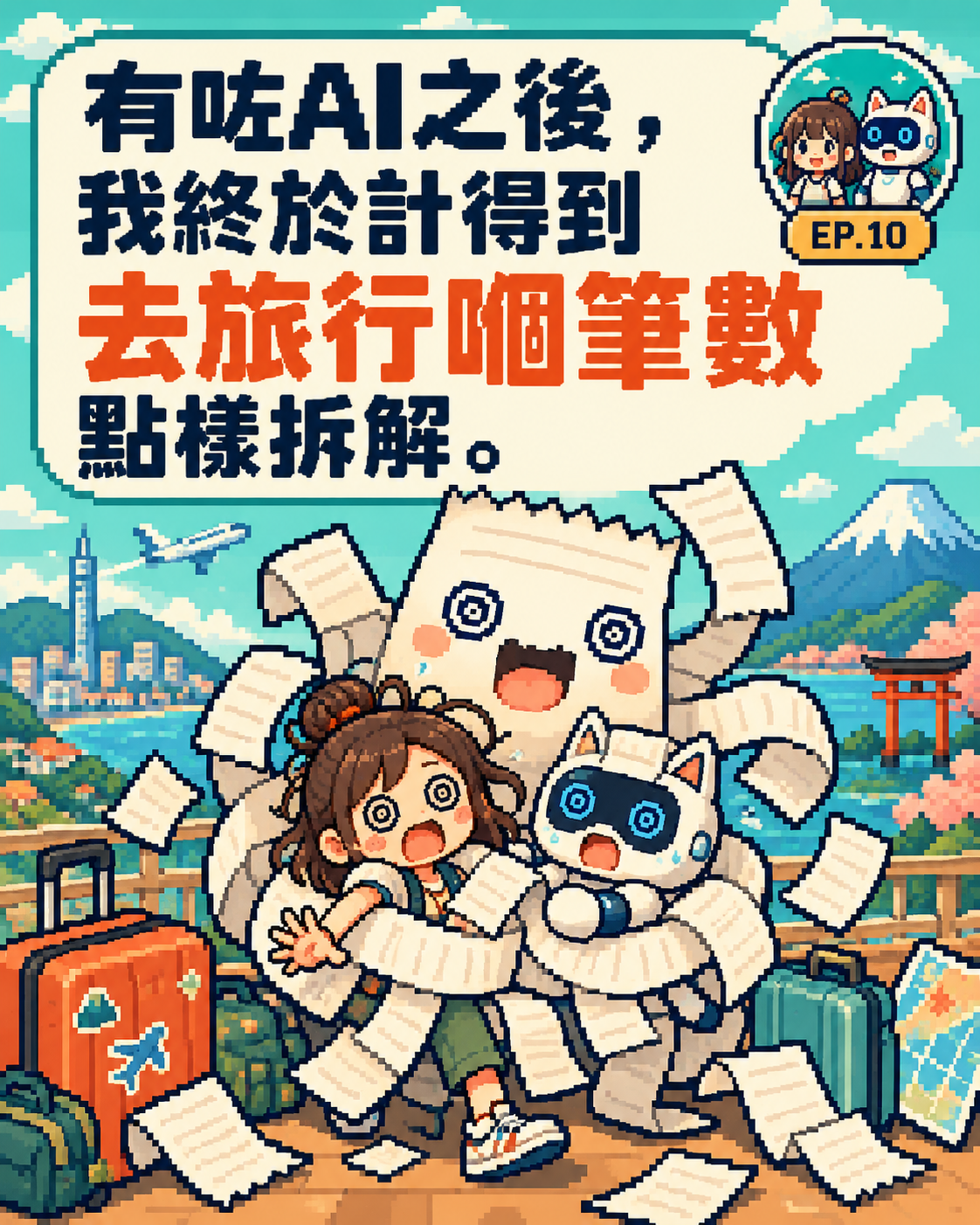 EP.10 旅行筆數像素風封面：女孩與機械人被旅行收據怪纏住
